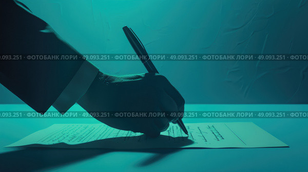 A close-up image of a persons hand signing a document with a pen. The image is set against a teal background. Стоковое AI-изображение, AI-художник Данила Большаков / Фотобанк Лори