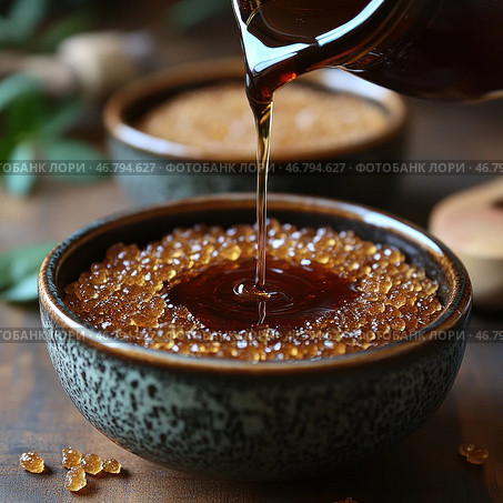 A close-up of a beautiful ceramic bowl filled with granulated brown sugar or caramel granules, into which a thick dark liquid reminiscent of honey, syrup or molasses is poured. The background is slightly blurred, creating a cozy and warm atmosphere. A second bowl and wooden elements in the background complete the composition, creating a sense of traditional cuisine and natural products. Стоковое AI-изображение, AI-художник Анна Кривицкая / Фотобанк Лори
