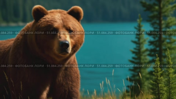 A close-up of a brown bear standing near a lake surrounded by trees. The bear has a thick fur coat and a strong build, showcasing its natural habitat. Стоковое AI-видео, аниматор Nart / Фотобанк Лори