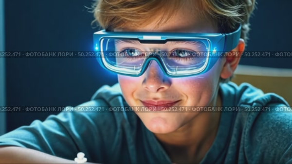 A close-up of a chess coaching session using augmented reality glasses, move possibilities visualized in the air, a young boy chess player look into vr set up. Стоковое AI-видео, аниматор Sergey Grishin / Фотобанк Лори