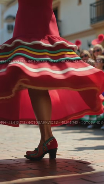 A close-up of a dancer's feet in traditional Mexican huaraches, mid-step during a folkloric dance performance. The vibrant skirt waving on air. Стоковое AI-видео, аниматор Sergey Grishin / Фотобанк Лори