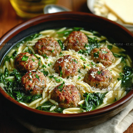 A close-up of a mouth-watering bowl of Italian wedding soup. At the center of the dish are juicy meatballs, fried until golden brown. They are surrounded by orzo (or small pasta) and fresh spinach, floating in a clear broth. The soup is topped with grated Parmesan and finely chopped parsley, giving the dish additional texture and flavor. All this is served in a deep ceramic bowl, against a wooden table and a cloth napkin, creating a cozy homey atmosphere. Стоковое AI-изображение, AI-художник Анна Кривицкая / Фотобанк Лори