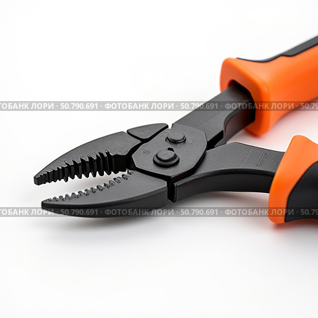 A close-up of a pair of orange and black pliers with a modern design, showcasing a practical tool essential for various household and DIY tasks. Стоковое AI-изображение, AI-художник Ольга Игнашина / Фотобанк Лори