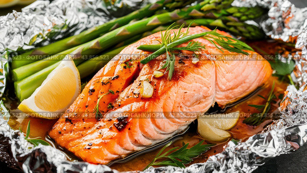 A close up of a piece of salmon with lemon and asparagus, AI. Стоковое AI-изображение, AI-художник Сергей Старуш / Фотобанк Лори