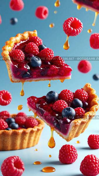 A close up of a raspberry pie with a drizzle of honey. Стоковое AI-изображение, AI-художник Ярославский Максим / Фотобанк Лори