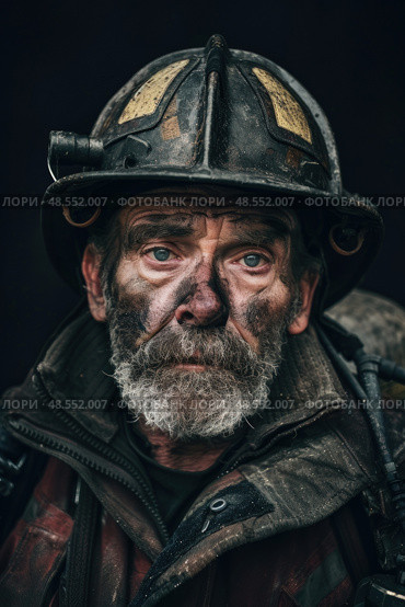 A close-up of a soot-covered firefighter with a reflective expression, wearing a helmet and gear. Стоковое AI-изображение, AI-художник Данила Большаков / Фотобанк Лори