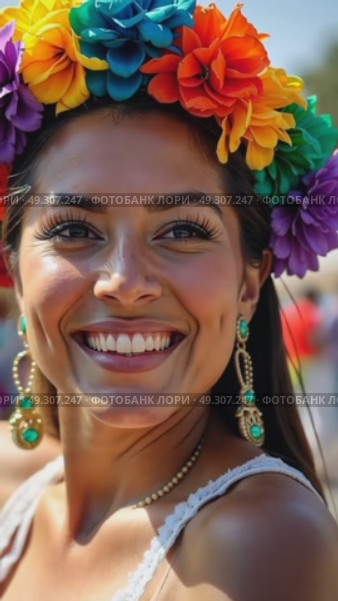 A close-up of a woman face adorned with a traditional Mexican floral crown, her expression filled with pride as she dances during Cinco de Mayo, Independence Day, Fiesta and festival. Стоковое AI-видео, аниматор Sergey Grishin / Фотобанк Лори