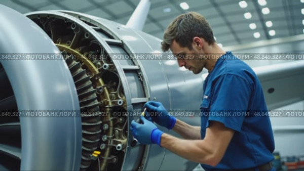 A close-up of a worker inspecting a jet engine in an aerospace facility, the intricate machinery illuminated by cool white lights. Стоковое AI-видео, аниматор Sergey Grishin / Фотобанк Лори