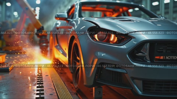 A close-up of robotic arms welding car frames in an automotive factory, sparks flying as orange light reflects off metallic surface. Стоковое AI-видео, аниматор Sergey Grishin / Фотобанк Лори