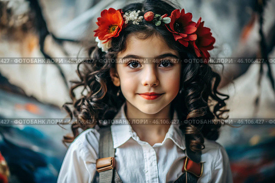 A close-up portrait of a beautiful little curly-haired dark-haired girl with a floral tiara or a wreath of red flowers on her head. Стоковое AI-изображение, AI-художник Photojuli / Фотобанк Лори