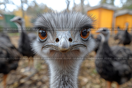 A close-up portrait of an ostrich with an expressive look and a funny expression. The background is slightly blurred, with other ostriches and bright yellow bird houses visible in the background. This photo makes you smile and is perfect for themes related to nature, animals, humor and zoos. A great choice for illustrations, articles or advertising projects with a touch of irony and friendliness. Стоковое AI-изображение, AI-художник Анна Кривицкая / Фотобанк Лори