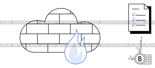 A cloud firewall with a blue flame in front. A document with checkmarks and a Bitcoin symbol with circuit lines are included. Ideal for digital security, cloud services, cryptocurrency, blockchain. Cloud Firewall Security with Document and Bitcoin Symbols in Simple Line Art Style. Стоковая иллюстрация, агентство Ingram Publishing / Фотобанк Лори
