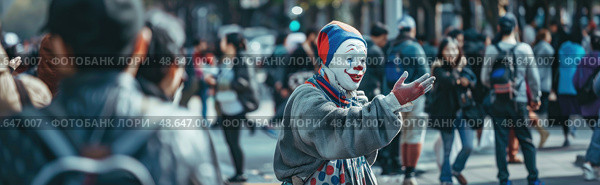 A clown entertains passersby with lively gestures and a playful expression while people walk by in a busy urban setting. Стоковое AI-изображение, AI-художник Данила Большаков / Фотобанк Лори