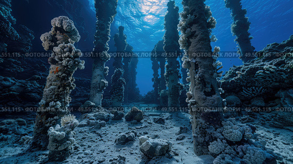 A cluster of trees submerged underwater due to flooding. The branches are visible above the water surface, showing signs of the water level rising. Стоковое AI-изображение, AI-художник Данила Большаков / Фотобанк Лори