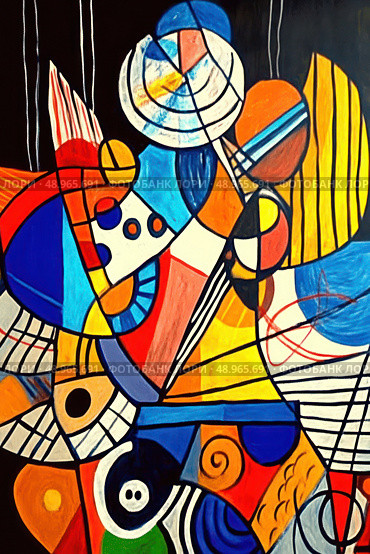 A colorful abstract painting with a lot of different shapes and colors. Стоковое AI-изображение, AI-художник Ярославский Максим / Фотобанк Лори