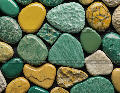 A colorful array of unakite stones captivates collectors and nature lovers at a sunny local gem fair Generative AI. Стоковое AI-изображение, AI-художник Юлия Петровская / Фотобанк Лори
