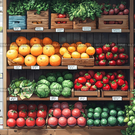 A colorful display case with fruits and vegetables, decorated in an artistic style reminiscent of a watercolor painting or digital illustration. The shelves are neatly filled with fresh produce: bright oranges, large strawberries, green apples, cabbage and juicy tomatoes. Wooden boxes contain aromatic herbs and other fresh produce, creating the atmosphere of a cozy farmers market or country store.The color palette of the image is rich and natural, emphasizing the naturalness of the products. The composition conveys a feeling of abundance, freshness and healthy eating. Стоковое AI-изображение, AI-художник Анна Кривицкая / Фотобанк Лори