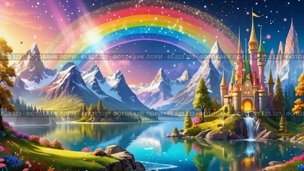 A colorful rainbow is above a castle and mountains. Стоковое AI-изображение, AI-художник Виктория Кольцова / Фотобанк Лори