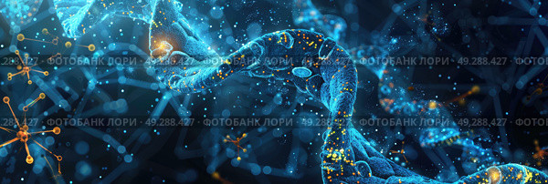 A conceptual render of DNA as a glowing blue helix intertwined with digital elements, symbolizing genetic research. Стоковое AI-изображение, AI-художник Данила Большаков / Фотобанк Лори
