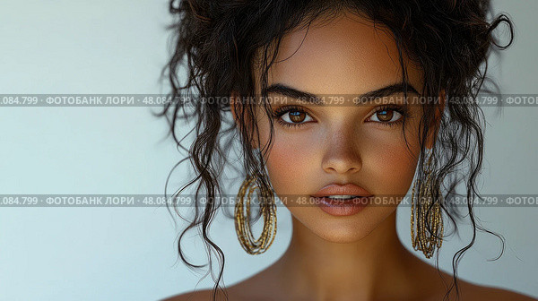 A confidently posed young woman with curly hair and unique style shines in soft lighting against a minimalist backdrop. Стоковое AI-изображение, AI-художник Данила Большаков / Фотобанк Лори