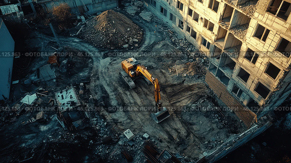 A construction site where demolition work is underway or the site is being prepared for new construction. In the center of the frame is an excavator digging or leveling the ground, and around it is construction waste and debris. In the background you can see an unfinished building with partially destroyed walls. The site is covered in dirt and remains of construction materials, creating an atmosphere of active construction. Стоковое AI-изображение, AI-художник Анна Кривицкая / Фотобанк Лори