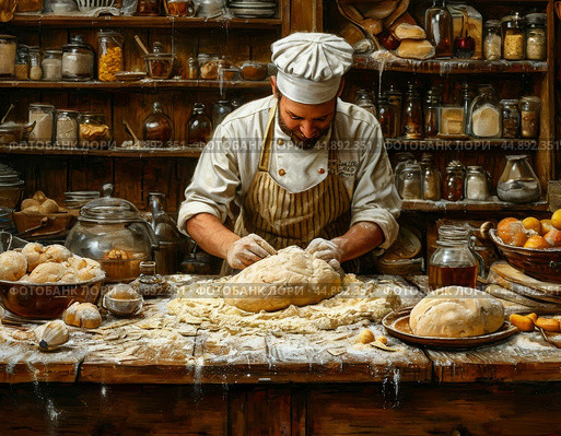 A cook kneads dough to make culinary products. Close-up. Стоковое AI-изображение, AI-художник Сергей Елизарьев / Фотобанк Лори