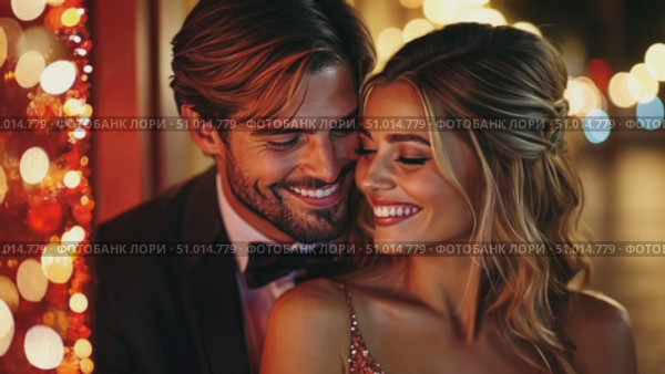 A couple enjoys a tender moment filled with laughter and joy amidst festive lights and a vibrant atmosphere in the city at night. Стоковое AI-видео, аниматор Данила Большаков / Фотобанк Лори