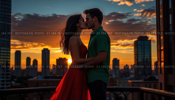 A couple kissing in front of a city skyline at sunset. Стоковое AI-изображение, AI-художник Ярославский Максим / Фотобанк Лори