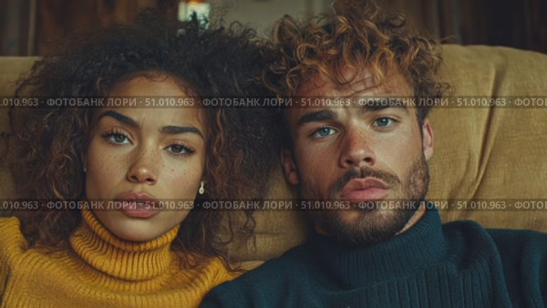 A couple relaxes together on the couch, embracing a quiet evening at home while engaging in conversation and enjoying their time. Стоковое AI-видео, аниматор Данила Большаков / Фотобанк Лори
