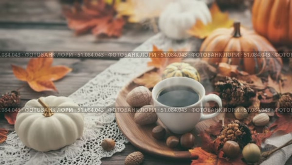 A cozy autumn scene with a white pumpkin, a cup of coffee, and assorted nuts on a wooden table. Colorful leaves surround the arrangement, creating a warm atmosphere. Стоковое AI-видео, аниматор Nart / Фотобанк Лори
