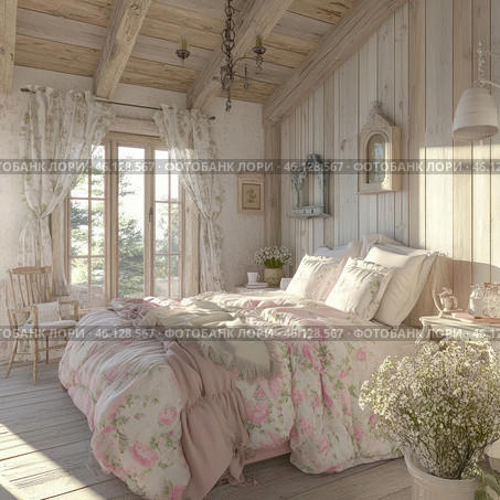A cozy bedroom in the Provence style, filled with natural sunlight. The interior is dominated by pastel colors, floral patterns and natural materials. The bed with soft bedding is decorated with pink and white pillows, a blanket and a floral duvet. Wooden walls and ceiling beams create a warm rustic atmosphere. Large windows with light curtains open up to views of nature. The room contains antique elements such as antique mirrors, carved shelves and vintage furniture. On the bedside table there are cups of tea, candles and a bouquet of flowers, complementing the romantic and harmonious mood. Стоковое AI-изображение, AI-художник Анна Кривицкая / Фотобанк Лори