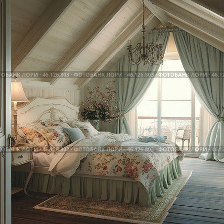 A cozy bedroom in the Provence style, located in the attic. The interior is filled with light pastel shades, and the wooden beams on the ceiling create an atmosphere of coziness and warmth. In the center of the room is a large bed with a carved headboard, decorated with floral bed linen, decorative pillows and a blanket. On the bedside table there is an elegant lamp with soft light. The space is complemented by a vintage-style chandelier, and large windows with luxurious curtains let in a lot of natural light. Through the window you can see a terrace with wicker furniture, which adds to the feeling of a country holiday. Стоковое AI-изображение, AI-художник Анна Кривицкая / Фотобанк Лори