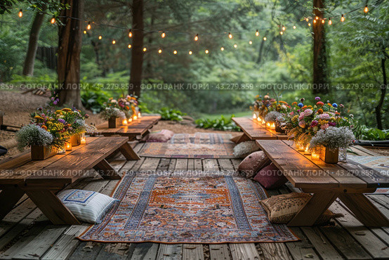 A cozy outdoor stage with low wooden tables decorated with floral arrangements and candles. Carpets and pillows are placed around the tables on wooden flooring, creating an atmosphere of coziness and comfort. Garlands with soft warm light hang above the tables, giving the whole composition a romantic and magical mood. In the background you can see a forest with thick greenery, which adds naturalness and tranquility to the place. This scene is ideal for illustrations related to picnics, outdoor weddings, social gatherings and outdoor evening events. Стоковое AI-изображение, AI-художник Анна Кривицкая / Фотобанк Лори