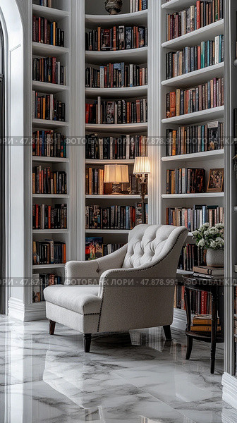 A Cozy Reading Nook with Shelves and Comfortable Armchair. Стоковое AI-изображение, AI-художник Данила Большаков / Фотобанк Лори