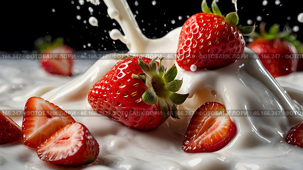 A creative cooking template. A close-up of strawberries with milk and chocolate, a milkshake, a yogurt smoothie with liquid droplets. Стоковое AI-изображение, AI-художник Photojuli / Фотобанк Лори