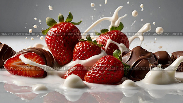 A creative cooking template. A close-up of strawberries with milk and chocolate, a milkshake, a yogurt smoothie with liquid droplets. Стоковое AI-изображение, AI-художник Photojuli / Фотобанк Лори