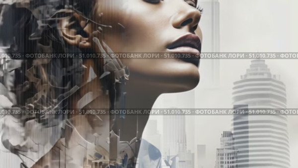 A creative illustration merges a woman's profile with urban elements, highlighting the synergy between individuality and city life. Стоковое AI-видео, аниматор Данила Большаков / Фотобанк Лори