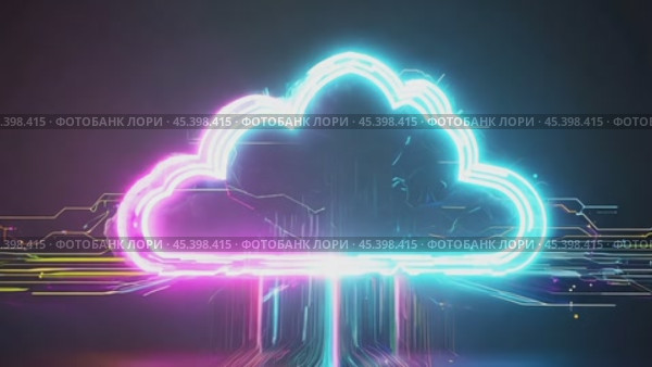 A creative representation of cloud computing with a luminous cloud icon interconnected with data lines, highlighting the concept of digital storage and technology. Стоковое AI-видео, аниматор Igor Tichonow / Фотобанк Лори