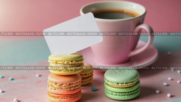 A creative shot of a gift card placed on a stack of colorful macarons, with a cup of coffee in the background. Стоковое AI-видео, аниматор Sergey Grishin / Фотобанк Лори