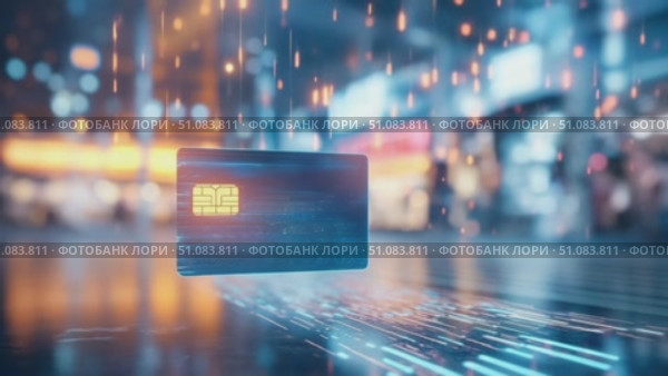 A credit card floats above a reflective surface in a vibrant cityscape at night. Blurred lights create a dynamic background, emphasizing digital transactions. Стоковое AI-видео, аниматор Nart / Фотобанк Лори