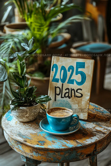 A cup of coffee sits on a rustic table next to a small plant and a sign that reads 2025 plans, suggesting future ambitions in a cozy setting. Стоковое AI-изображение, AI-художник Данила Большаков / Фотобанк Лори
