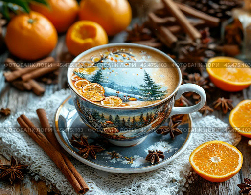 A cup of hot strong coffee with original foam, tangerines. New Year's dessert. Festive atmosphere of the New Year. Стоковое AI-изображение, AI-художник Сергей Елизарьев / Фотобанк Лори