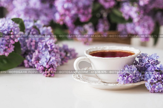 A cup of tea or coffee on the table. In the background is a large purple bouquet of lilacs. The concept of home comfort and drinks. Стоковое фото, фотограф Photojuli / Фотобанк Лори