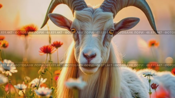 A cute goat in bright meadow flowers. Perfect for wildlife documentaries, conservation campaigns or any project that seeks to evoke the mystery and power of this animal. Стоковое AI-видео, аниматор ALLA YURTAYEVA / Фотобанк Лори