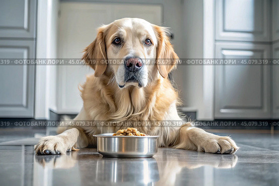 A cute golden Retriever dog near a feeding bowl in a white kitchen. The dog is looking at the camera. Taking care of animals. Стоковое AI-изображение, AI-художник Photojuli / Фотобанк Лори