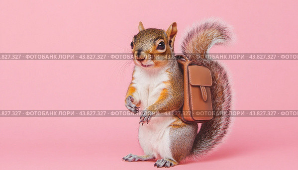 A cute little squirrel is carrying a cute brown backpack securely strapped on its back. Стоковое AI-изображение, AI-художник Юрий Поздников / Фотобанк Лори