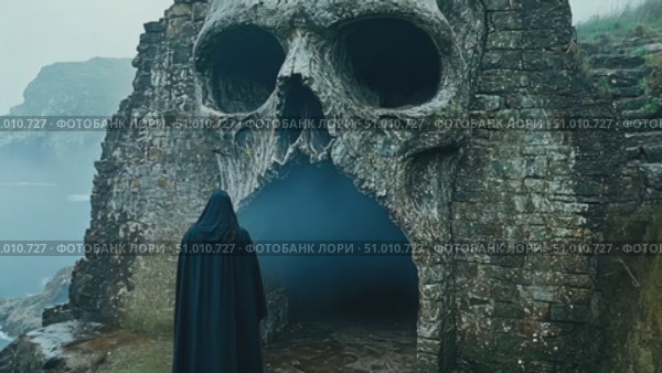 A dark-cloaked individual approaches a massive skull-shaped cave, surrounded by cliffs and misty ocean waters at dawn in a hauntingly beautiful setting. Стоковое AI-видео, аниматор Данила Большаков / Фотобанк Лори