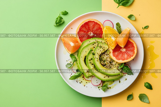 A deconstructed avocado salad artistically displayed on a dual-tone canvas. The pastel and deep shades provide a compelling contrast, highlighting the salad's vibrant colors and innovative presentation. Стоковое AI-изображение, AI-художник Nart / Фотобанк Лори
