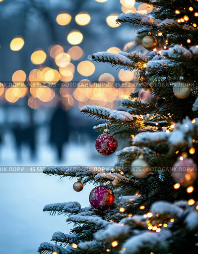 A decorated Christmas tree on a city street. New Year's atmosphere, city landscape. Стоковое AI-изображение, AI-художник Сергей Елизарьев / Фотобанк Лори