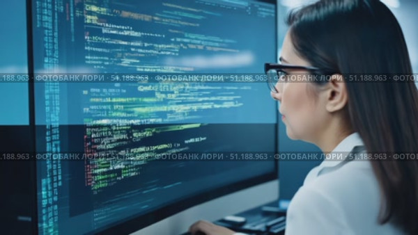 A dedicated programmer is focused on coding at her workstation, surrounded by a high-tech office environment in the afternoon light. Стоковое AI-видео, аниматор Данила Большаков / Фотобанк Лори